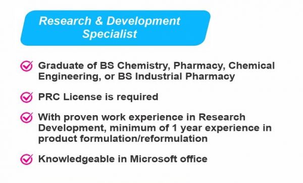 Jobtalk - Research & Development Specialist vacancy in Las Piñas! Hiring by Migo Skin Inc.