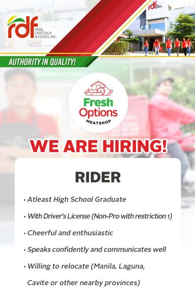 Jobtalk - Rider vacancy in San Fernando City! Hiring by RDF Feed, Livestock and Foods, Inc.