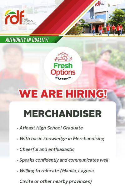 Jobtalk - Merchandiser vacancy in San Fernando City! Hiring by RDF Feed, Livestock and Foods, Inc.