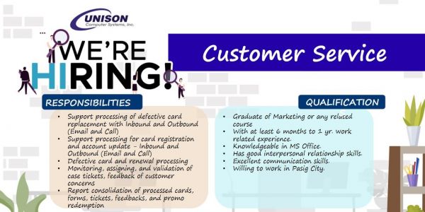 Jobtalk - Customer Service Representative vacancy in Pasig! Hiring by Unison Computers Systems, Inc.