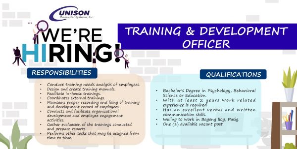 Jobtalk - Training & Development Officer vacancy in Pasig! Hiring by Unison Computers Systems, Inc.