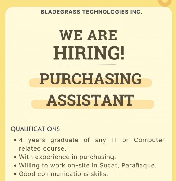 Jobtalk - Purchasing Assistant vacancy in Parañaque! Hiring by Bladegrass Technologies, Inc.