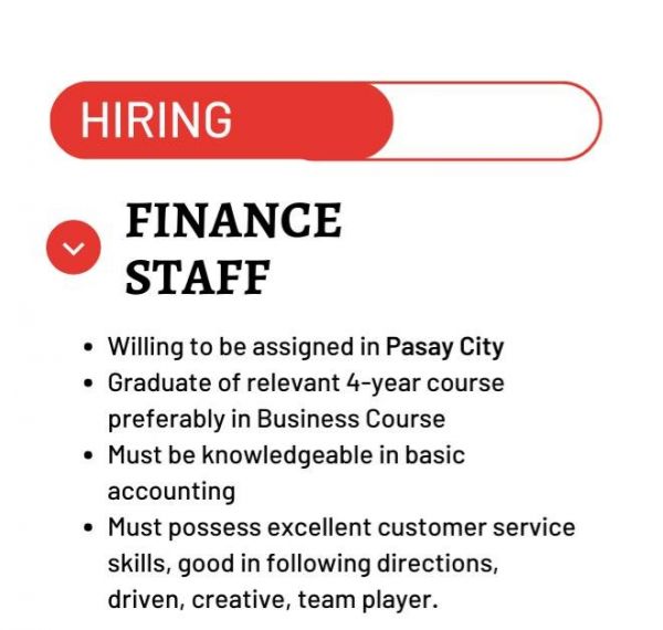 Jobtalk - Finance Staff vacancy in Pasay! Hiring by Peak Motors Phils., Inc.
