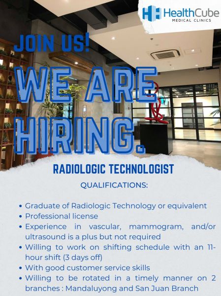 Jobtalk - Radiologic Technologist vacancy in San Juan! Hiring by Health Cube Medical Clinics