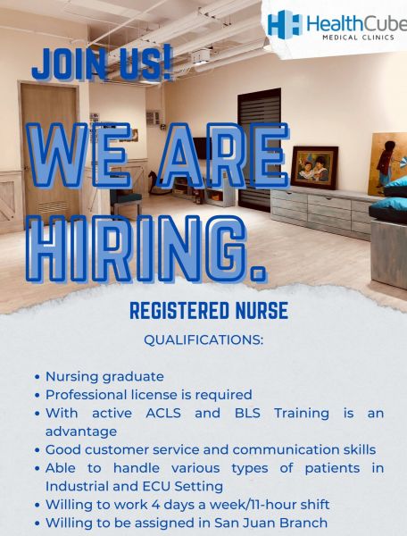 Jobtalk - Registered Nurse vacancy in San Juan! Hiring by Health Cube Medical Clinics