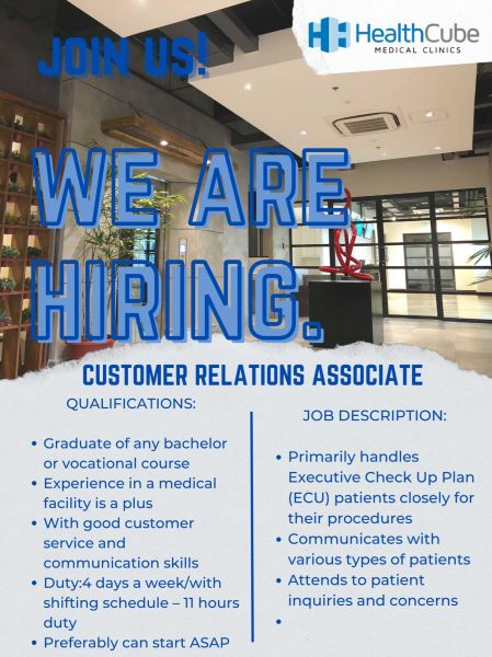 Jobtalk - Customer Relations Associate vacancy in San Juan! Hiring by Health Cube Medical Clinics