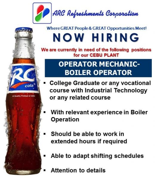 Jobtalk - Boiler Operator vacancy in San Fernando City! Hiring by ARC Refreshments Corporation