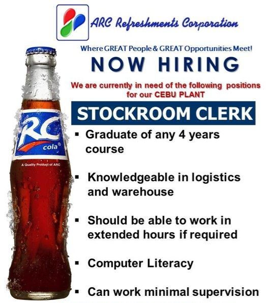 Jobtalk - Stockroom Clerk vacancy in Mandaue City! Hiring by ARC Refreshments Corporation