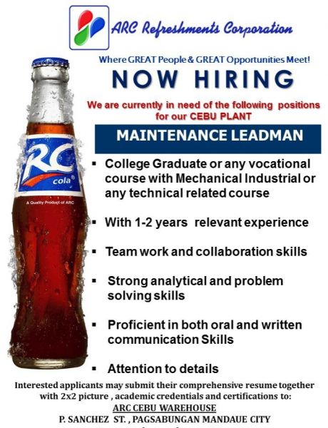Jobtalk - Maintenance Supervisor vacancy in Mandaue City! Hiring by ARC Refreshments Corporation