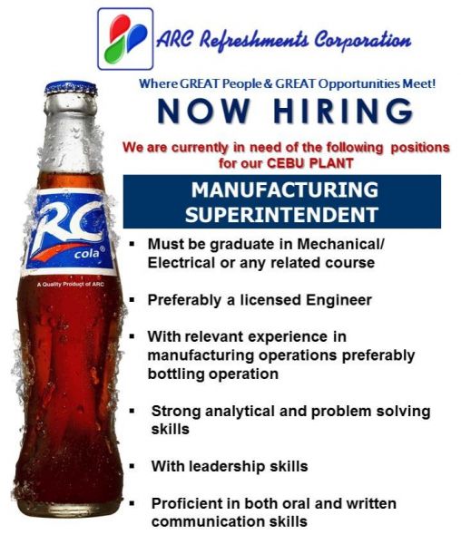 Jobtalk - Manufacturing Supervisor vacancy in Mandaue City! Hiring by ARC Refreshments Corporation