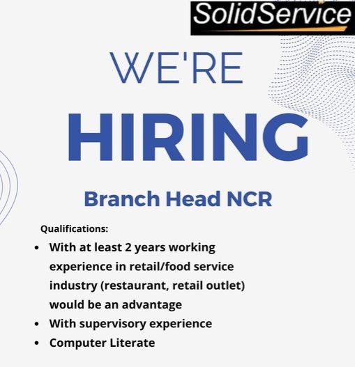 Jobtalk - Branch Head vacancy in Quezon City! Hiring by SolidService Electronics Corporation