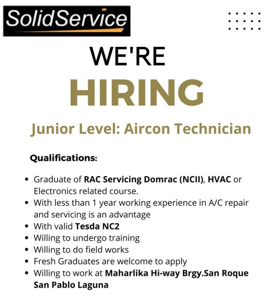 Jobtalk - Junior Aircon Technician vacancy in San Pablo City! Hiring by SolidService Electronics Corporation