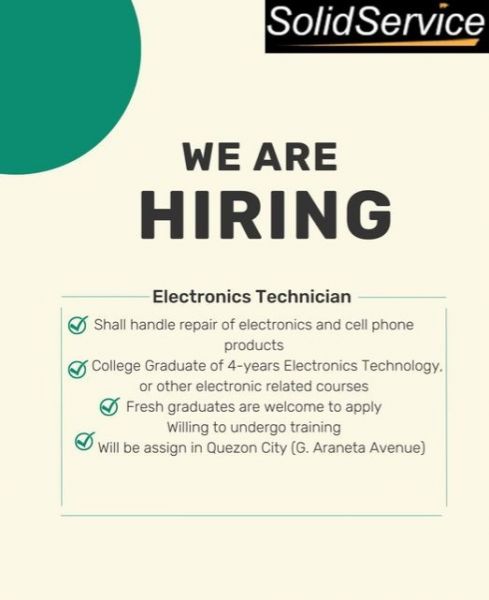Jobtalk - Electronics Technician vacancy in Quezon City! Hiring by SolidService Electronics Corporation