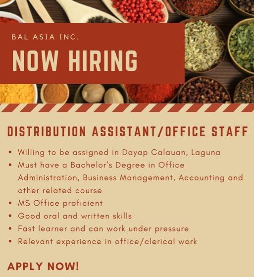 Jobtalk - Office Staff vacancy in Calauan! Hiring by Bal Asia Inc.
