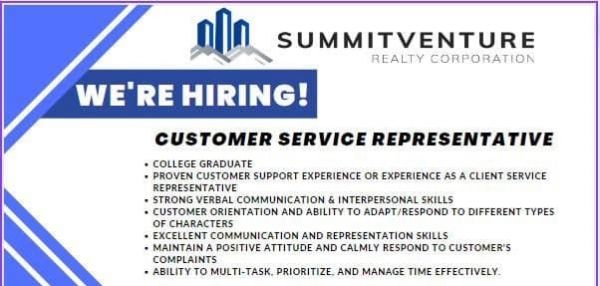 Jobtalk - Customer Service Representative vacancy in Quezon City! Hiring by Summitventure Realty Corporation