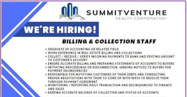 Jobtalk - Billing & Collection Staff vacancy in Quezon City! Hiring by Summitventure Realty Corporation