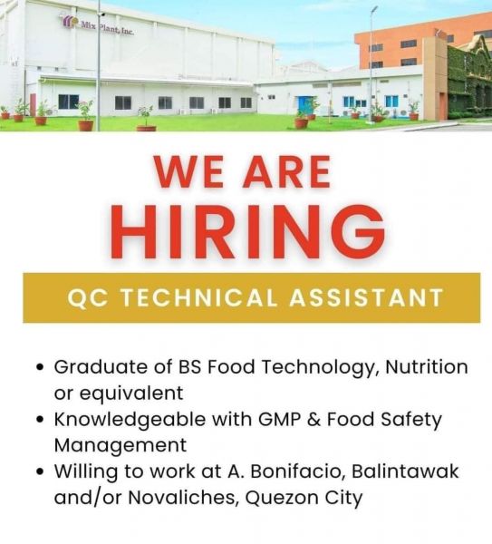 Jobtalk - Quality Control Technician Assistant vacancy in Quezon City! Hiring by Mix Plant, Inc.