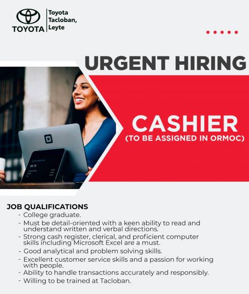 Jobtalk - Cashier vacancy in Ormoc City! Hiring by Toyota Tacloban, Leyte, Inc.