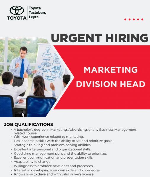 Jobtalk - Marketing Head vacancy in Tacloban City! Hiring by Toyota Tacloban, Leyte, Inc.