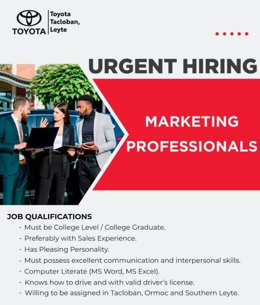Jobtalk - Marketing Specialist vacancy in Tacloban City! Hiring by Toyota Tacloban, Leyte, Inc.