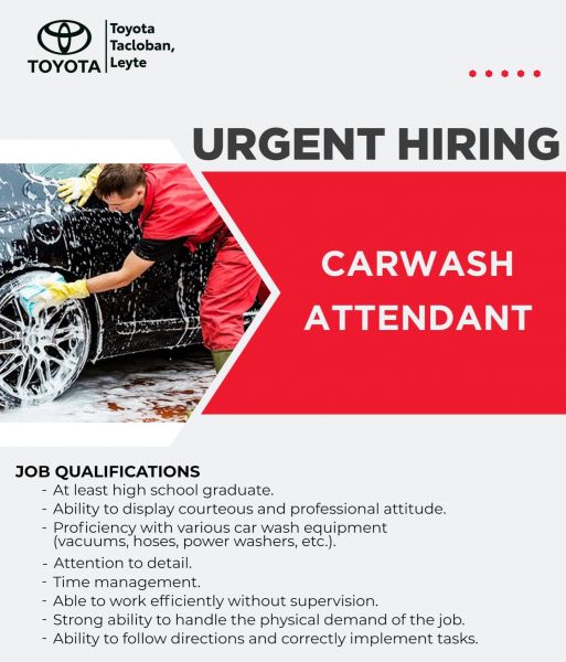 Jobtalk - Car Wash Attendant  vacancy in Tacloban City! Hiring by Toyota Tacloban, Leyte, Inc.