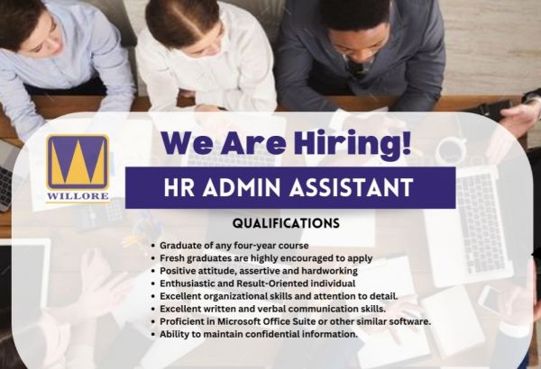 Jobtalk - HR Admin Assistant vacancy in Pasig! Hiring by Willore Pharma Corporation.