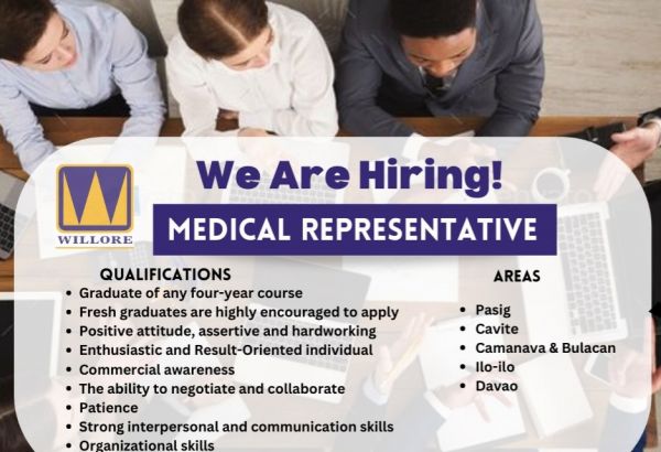 Jobtalk - Medical Representative vacancy in Pasig! Hiring by Willore Pharma Corporation.