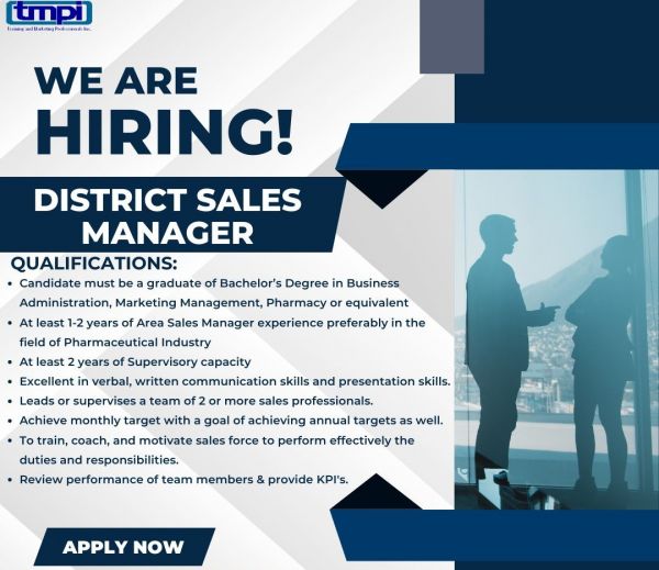 Jobtalk - District Sales Manager vacancy in Mandaluyong! Hiring by Training and Marketing Professionals Inc.