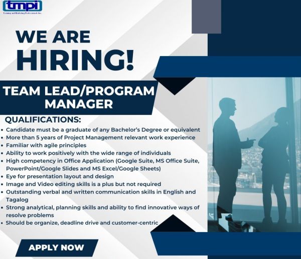 Jobtalk - Program Manager vacancy in Mandaluyong! Hiring by Training and Marketing Professionals Inc.