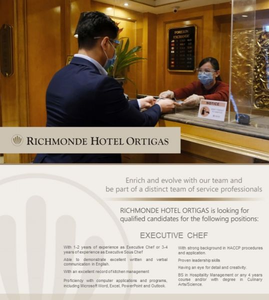 Jobtalk - Executive Chef vacancy in Pasig! Hiring by Richmonde Hotel
