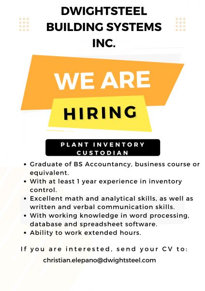 Jobtalk - Inventory Associate vacancy in Mandaue City! Hiring by Dwightsteel Building Systems Inc.