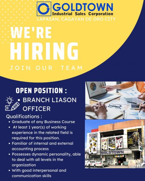 Jobtalk - Liaison Officer vacancy in Cagayan De Oro City! Hiring by Goldtown Industrial Sales Corporation