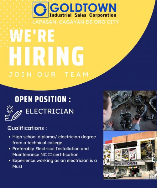 Jobtalk - Electrician vacancy in Cagayan De Oro City! Hiring by Goldtown Industrial Sales Corporation