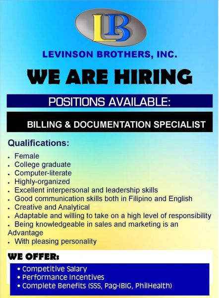 Jobtalk - Documentation Specialist vacancy in Quezon City! Hiring by LB Levinson Brothes, Inc.