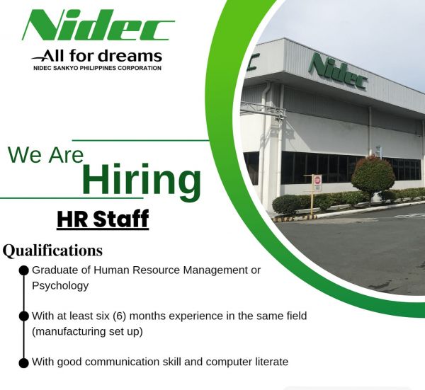 Jobtalk - HR Staff vacancy in Cabuyao City! Hiring by Nidec Sankyo Philippines Corporation