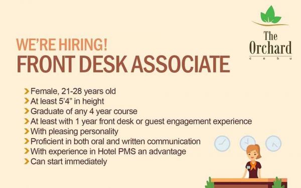Jobtalk - Front Desk Staff vacancy in Mandaue City! Hiring by The Orchard Cebu