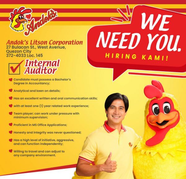 Jobtalk - Internal Auditor vacancy in Quezon City! Hiring by Andok's Litson Corporation
