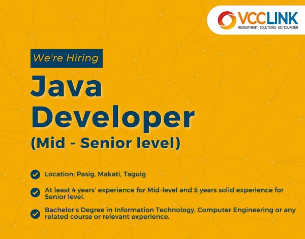 Jobtalk - VCC Link, Inc. looking for Senior Java Developer, Hybrid setup,  in Taguig City