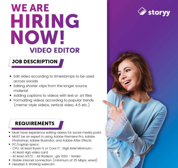 Jobtalk - Video Editor, Work from home (WFH)  for Storyy