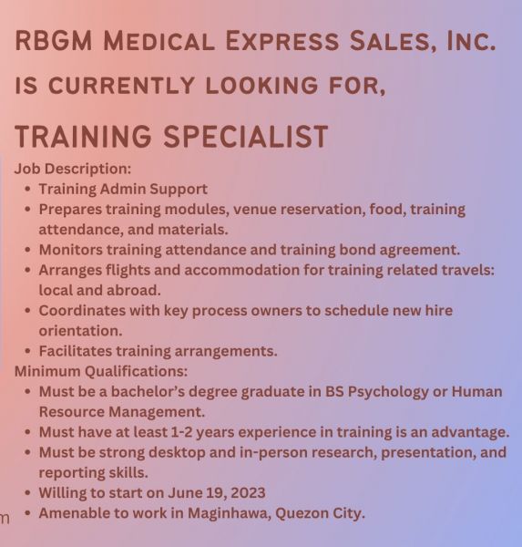 Jobtalk - HR Training Specialist vacancy in Quezon City! Hiring by RBGM Medical Express Sales Inc.