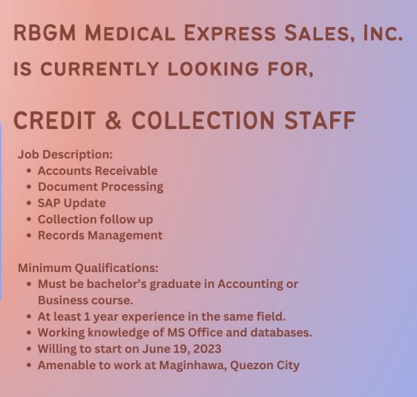 Jobtalk - Credit & Collection Officer vacancy in Quezon City! Hiring by RBGM Medical Express Sales Inc.