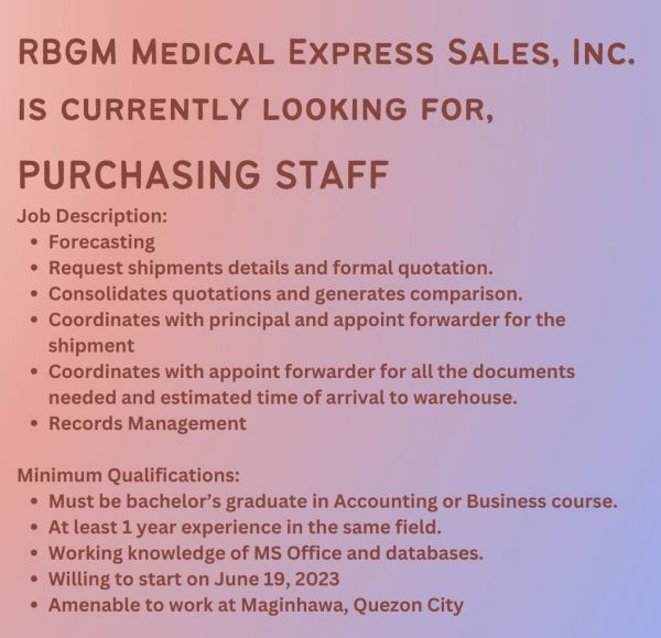 Jobtalk - Purchasing Staff vacancy in Quezon City! Hiring by RBGM Medical Express Sales Inc.
