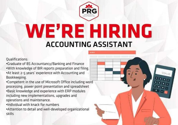 Jobtalk - Accounting Assistant vacancy in Pasig! Hiring by PRG Industrial Solutions Inc.