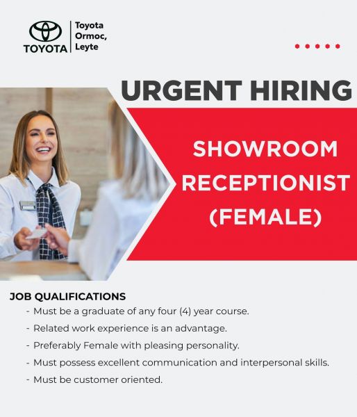 Jobtalk - Receptionist vacancy in Ormoc City! Hiring by Toyota Ormoc Automotive Center