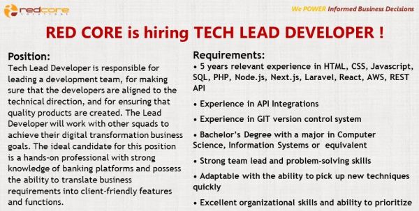 Jobtalk - Lead Developer, Work from home (WFH)  for Red Core IT Solutions, Inc
