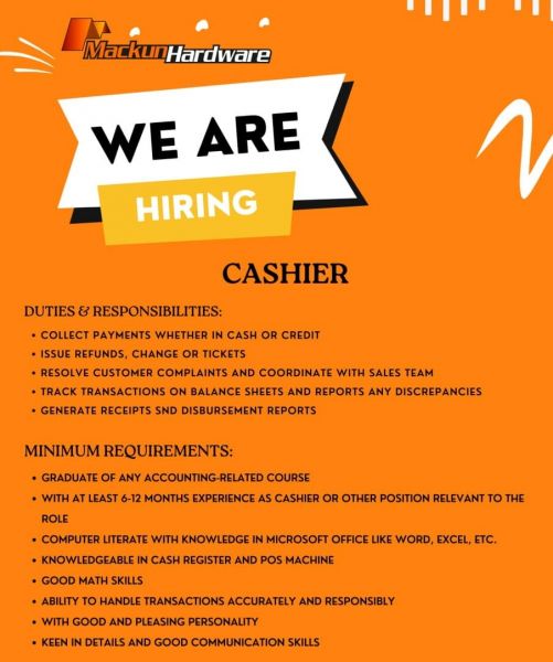 Jobtalk - Cashier vacancy in Cagayan De Oro City! Hiring by Mackum Hardware