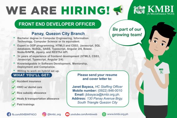 Jobtalk - KMBI (a Microfinance Ngo) looking for Junior Front End Developer, Hybrid setup,  in Quezon City