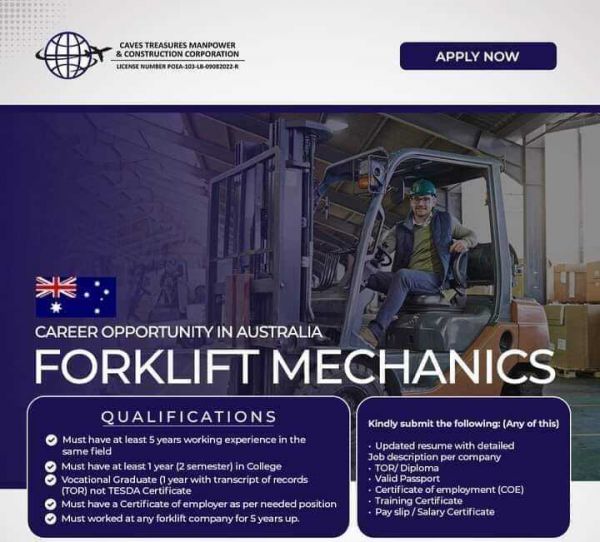 Jobtalk - Looking for Forklift Mechanic bound for Australia! Recruited and managed by Caves Treasures Manpower and Construction Corp.
