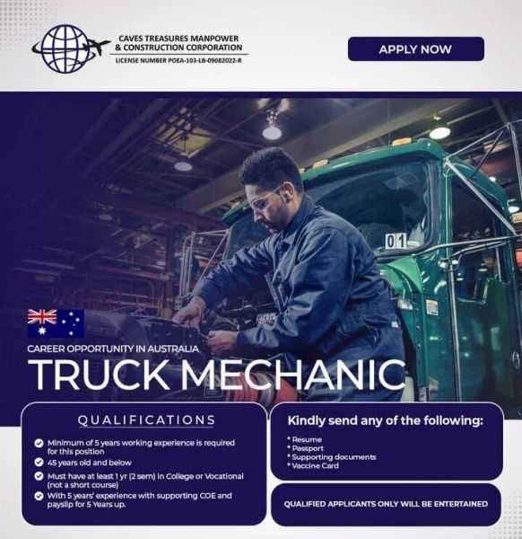 Jobtalk - Looking for Truck Mechanic bound for Australia! Recruited and managed by Caves Treasures Manpower and Construction Corp.