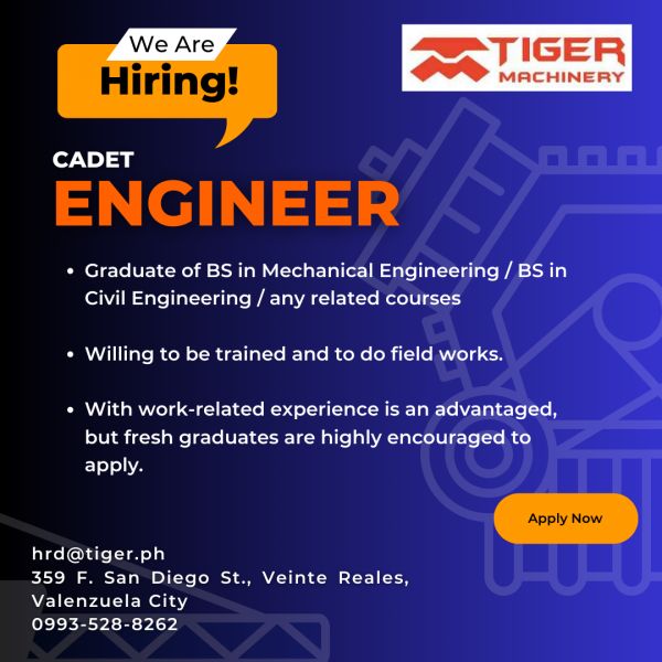 Jobtalk - Engineering Staff Trainee vacancy in Valenzuela! Hiring by Tiger Machinery Industrial Corporation